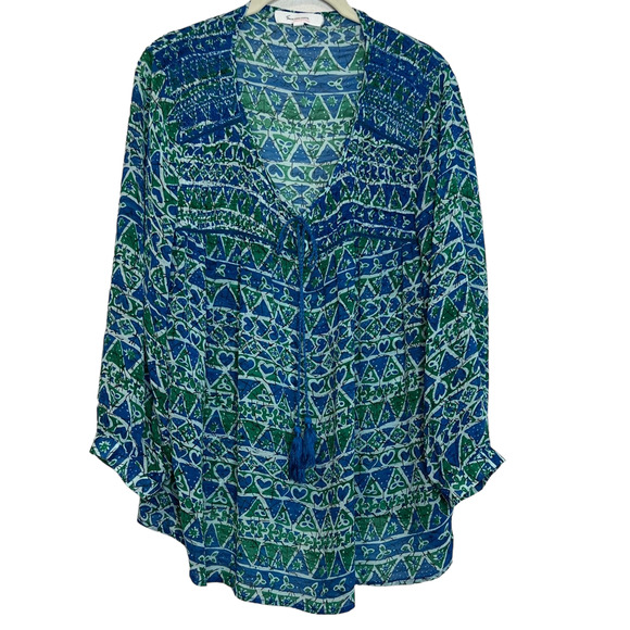 Two by Vince Camuto Womens Sheer Peasant Blouse Large Blue Green Tasseled Boho - Picture 1 of 5